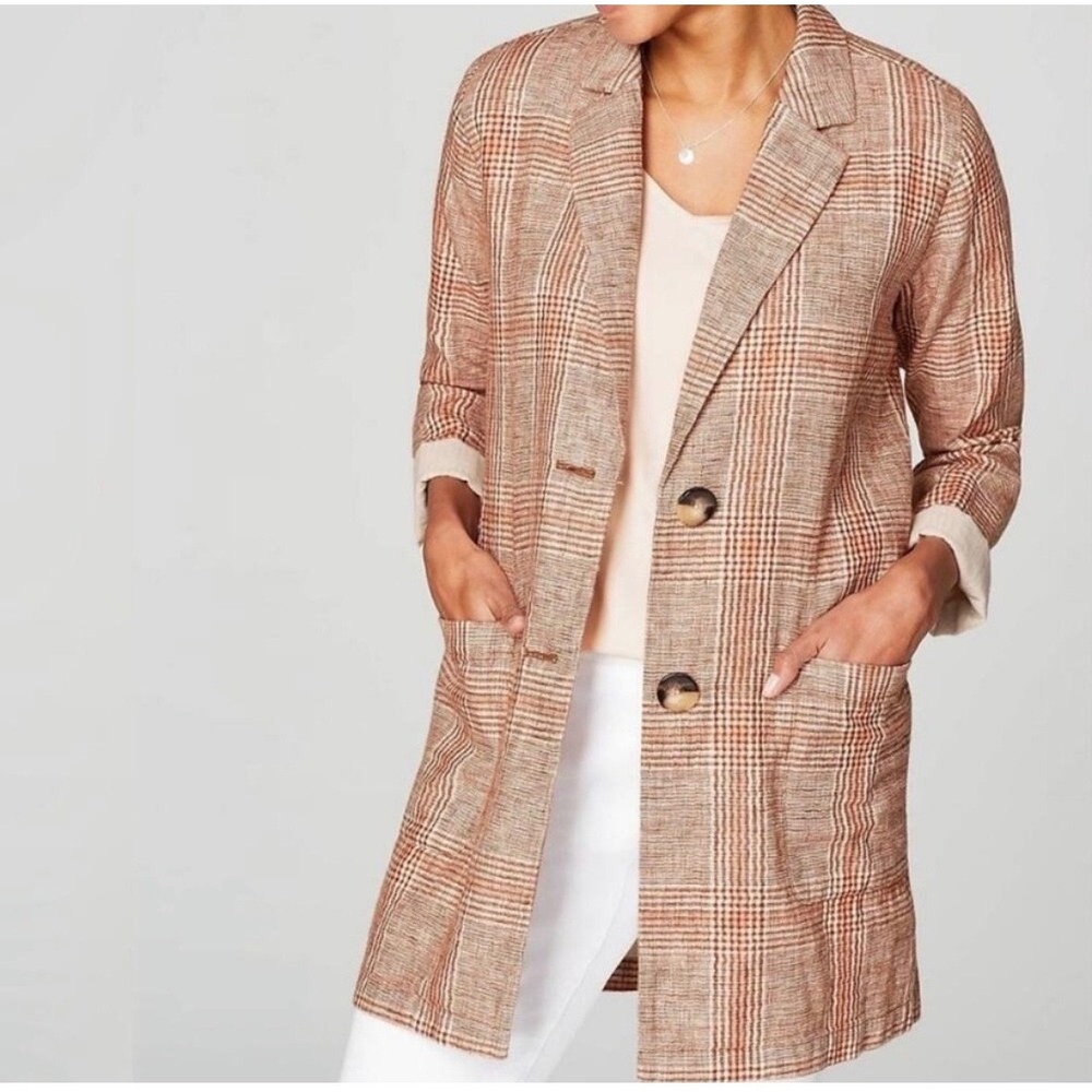 J. Jill Linen Cotton Plaid Longline Blazer Jacket Terracotta Brown Large L3